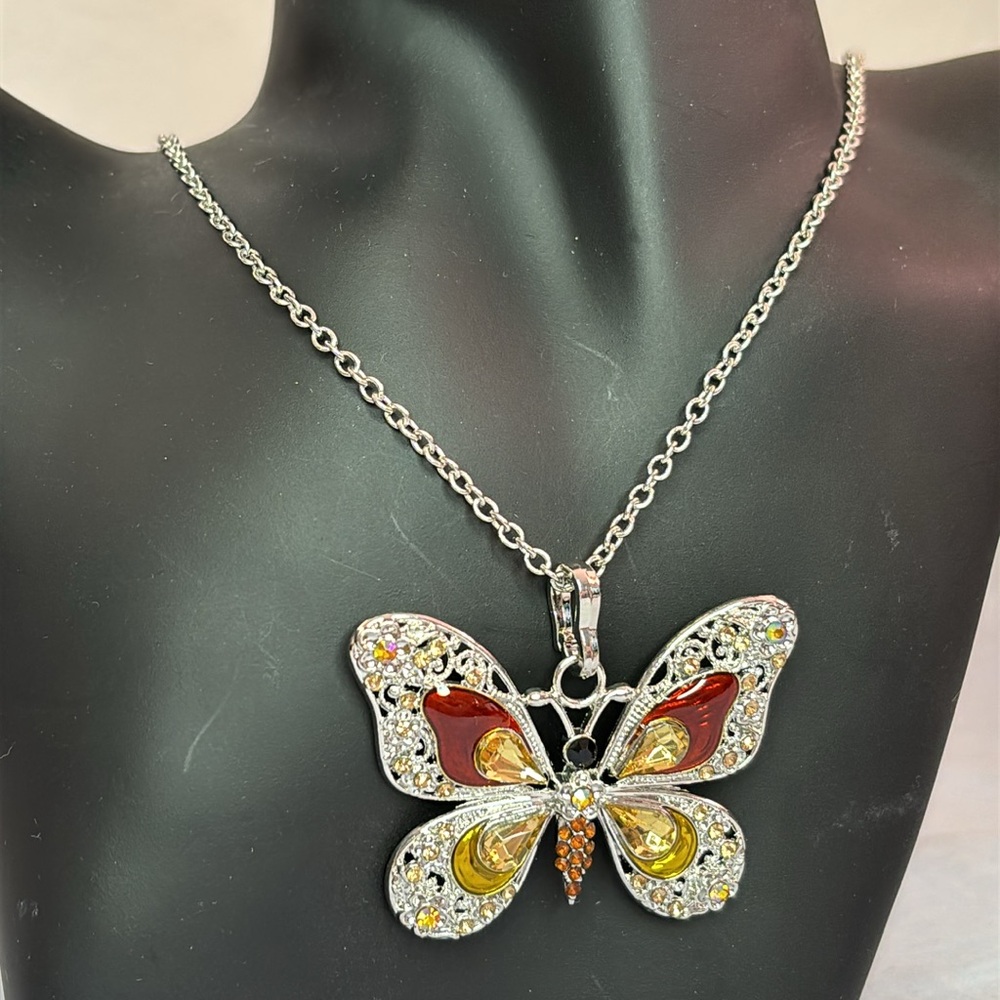 Stunning Butterfly Pendant in Brown, Gold, & Yellow w/Silver Filigree and Chain